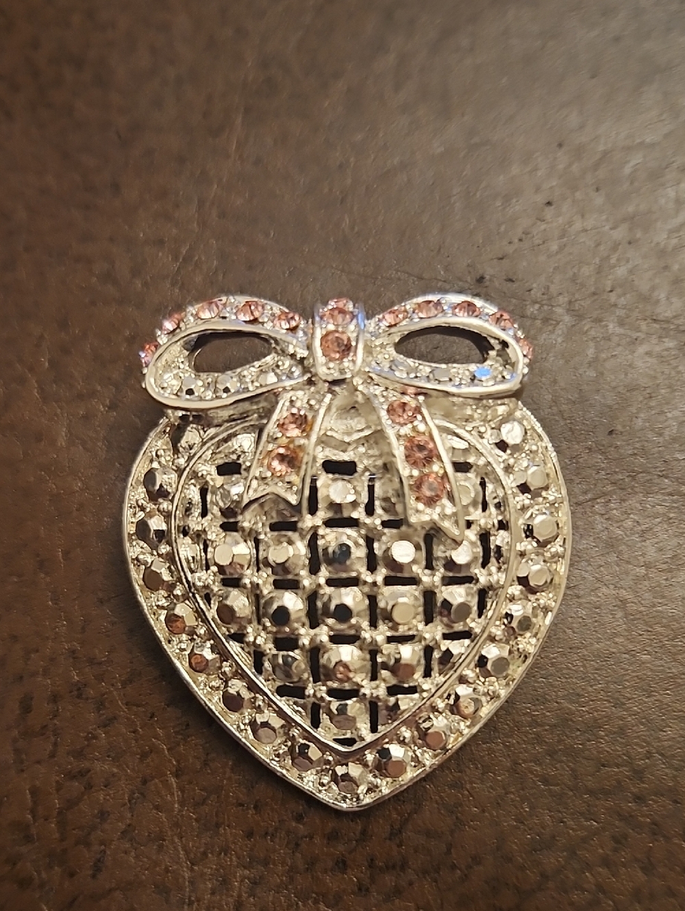 Silver Heart Brooch with Pink Crystal Bow